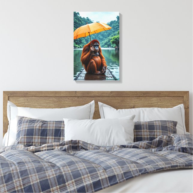 Orangutan with Orange Umbrella Canvastryck (Insitu (sovrum))