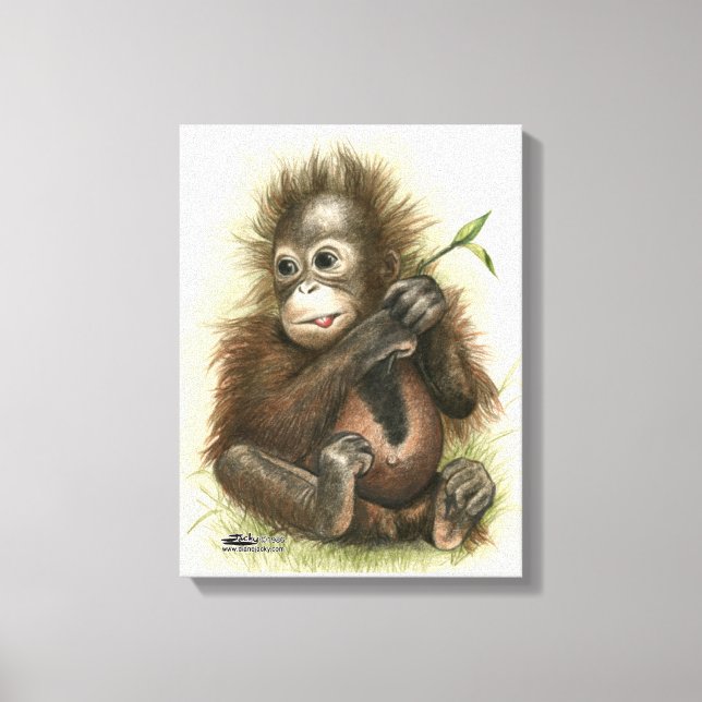 Orangutansbaby med blad canvastryck (Framsida)