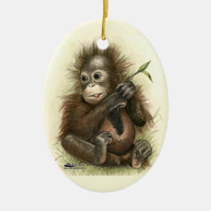Orangutansbaby med blad julgransprydnad keramik