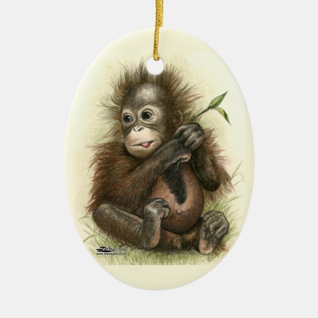 Orangutansbaby med blad julgransprydnad keramik (Framsidan)