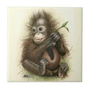 Orangutansbaby med blad kakelplatta