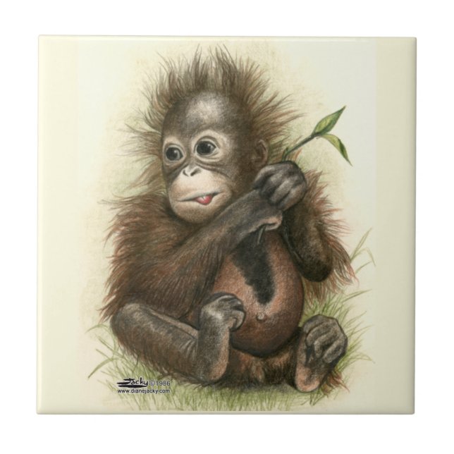 Orangutansbaby med blad kakelplatta (Framsidan)