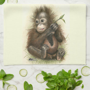 Orangutansbaby med blad kökshandduk