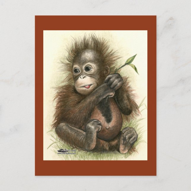Orangutansbaby med blad vykort (Framsida)