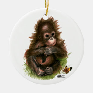 Orangutansbaby och fjäril julgransprydnad keramik