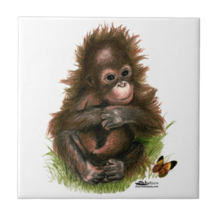 Orangutansbaby och fjäril kakelplatta