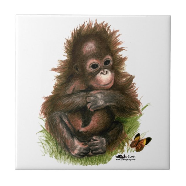 Orangutansbaby och fjäril kakelplatta (Framsidan)