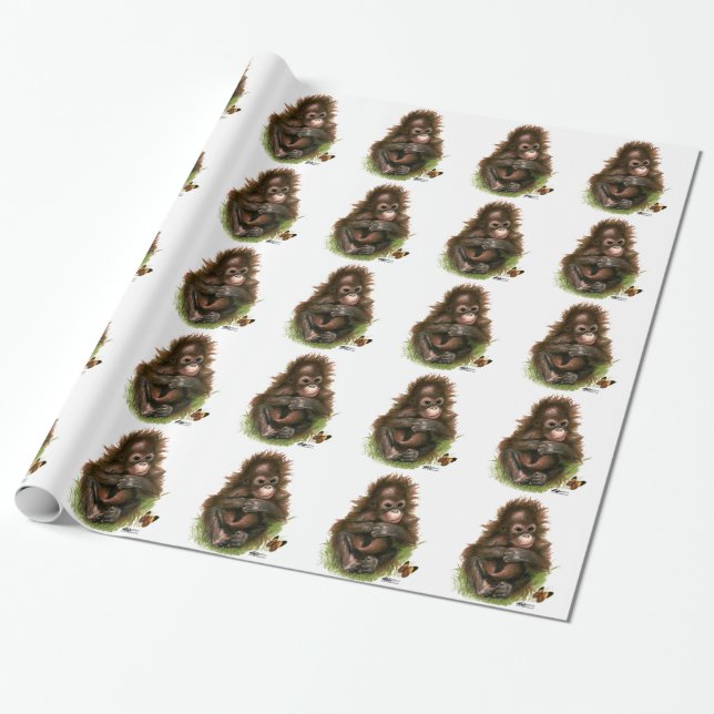 Orangutansbaby och fjäril presentpapper (Utrullad)