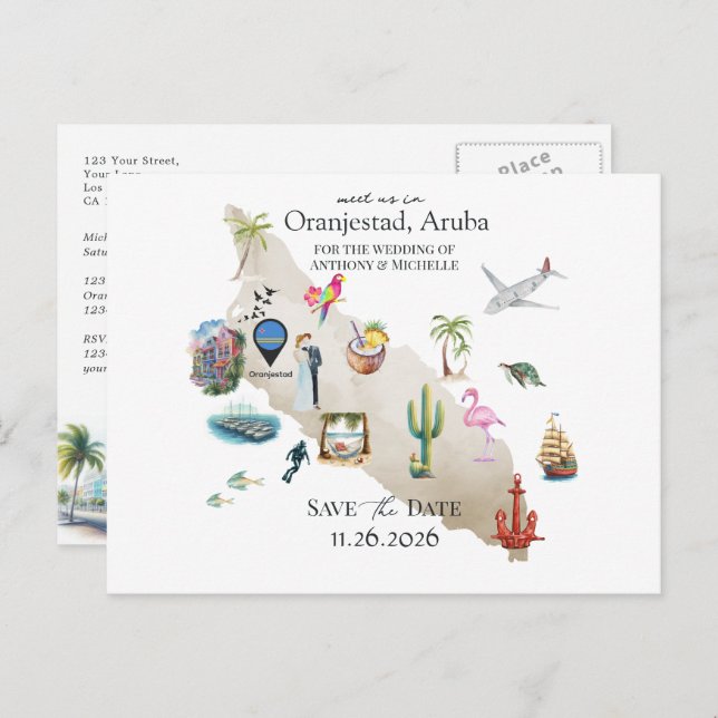Oranjestad Aruba Destination Wedding Save the Date Vykort (Fram/baksida)