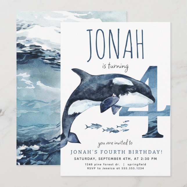 Orca 4:e födelsedagsinbjudan inbjudningar (Fram/baksida)