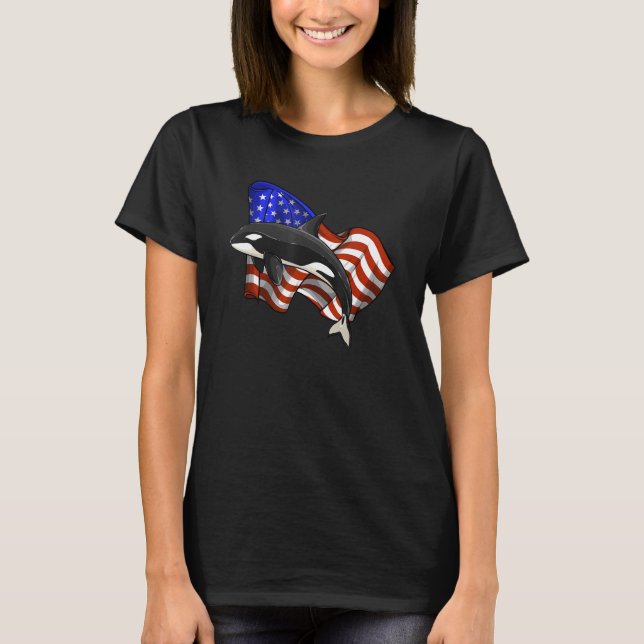 Orca American Flagga 4:e juli USA Whale America T Shirt (Framsida)