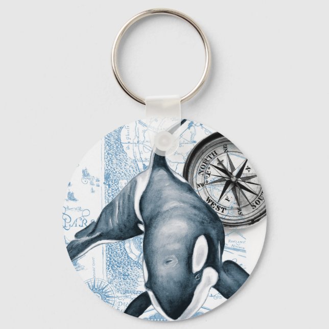 Orca Blue Compass Vintage Karta Nyckelring (Framsida)