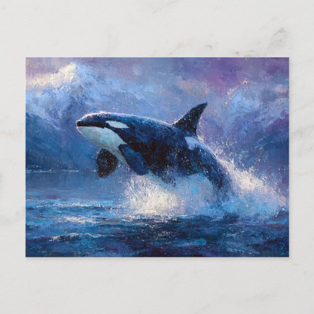 Orca Breaching Near Snowy Mountains Vykort (Framsida)