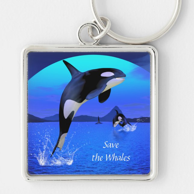 Orca Keychain Fyrkantig Silverfärgad Nyckelring (Framsidan)