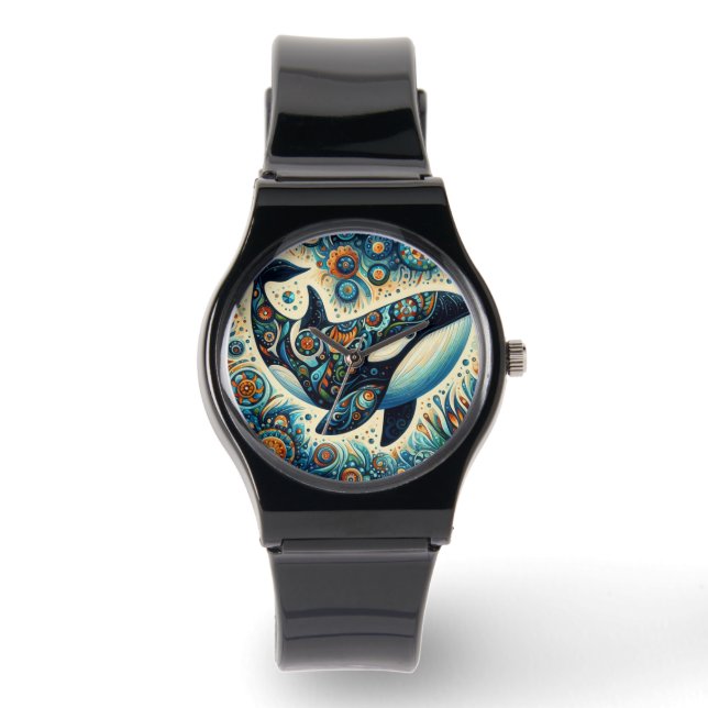 Orca Killer Whale Blommigt Whimsical Nautical Beac Armbandsur (Framsida)