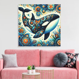 Orca Killer Whale Blommigt Whimsical Nautical Beac Canvastryck