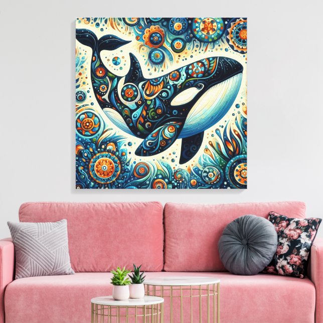 Orca Killer Whale Blommigt Whimsical Nautical Beac Canvastryck (Insitu (Vardagsrum))
