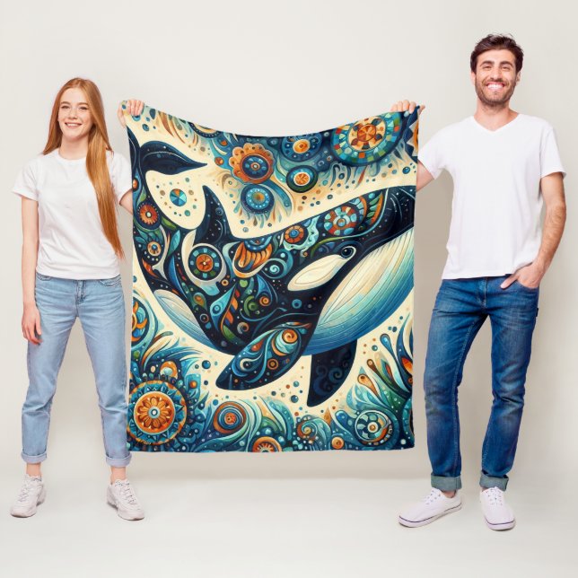 Orca Killer Whale Blommigt Whimsical Nautical Beac Fleecefilt (På plats)