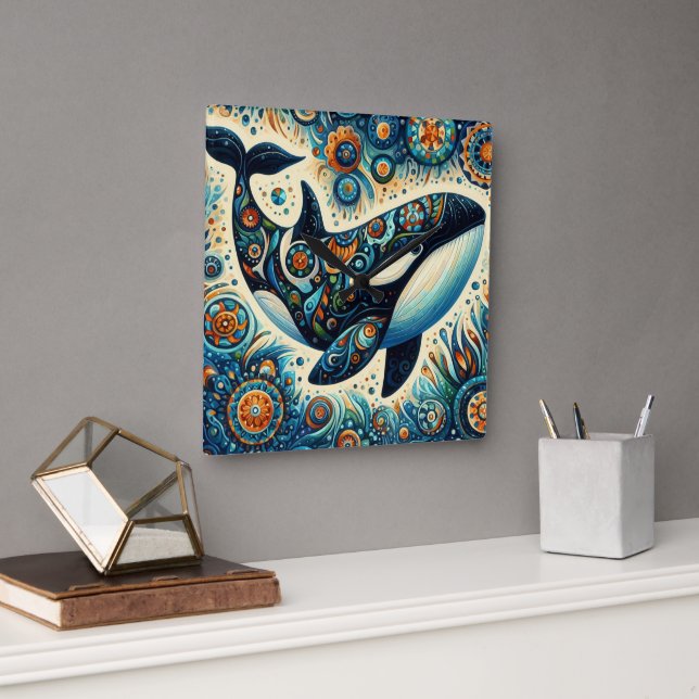 Orca Killer Whale Blommigt Whimsical Nautical Beac Fyrkantig Klocka (Kontor)