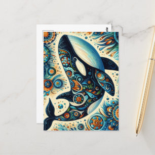 Orca Killer Whale Blommigt Whimsical Nautical Beac Vykort