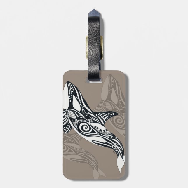 Orca Killer Whale Taupe Tlingit Tribal Bläck Bagagebricka (Baksidan Lodrät)
