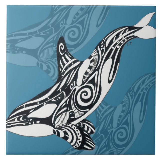 Orca Killer Whale Tlingit Indigo Blue bläck Kakelplatta (Framsidan)