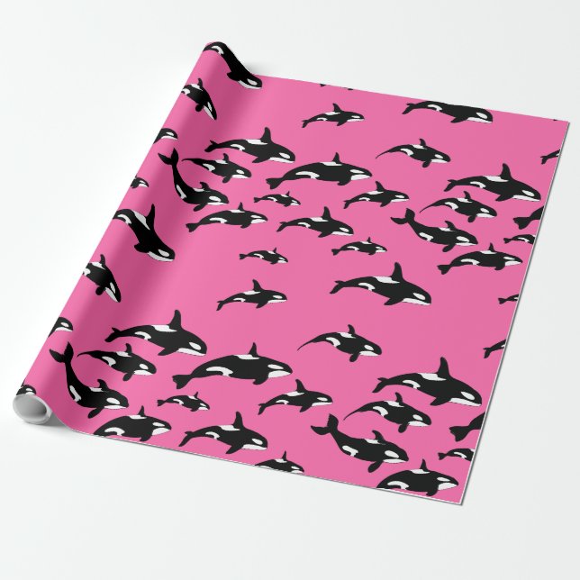 Orca Killer Whales Swimming Mönster på Rosa Presentpapper (Utrullad)