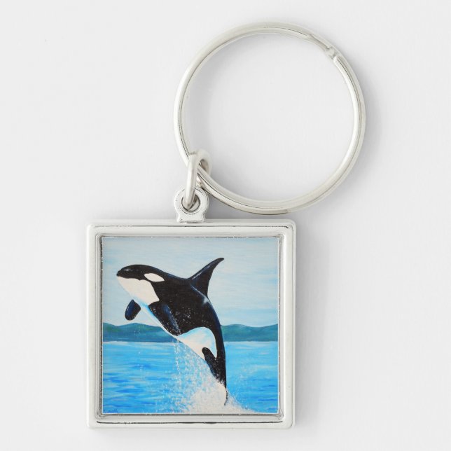 Orca Painting Fyrkantig Silverfärgad Nyckelring (Framsidan)