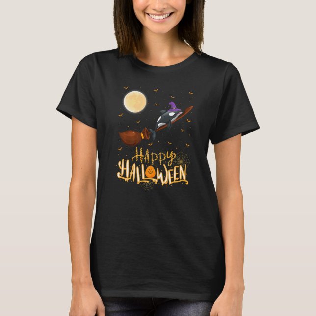 Orca Ride Witch Pistol Orca Fish Halloween T Shirt (Framsida)