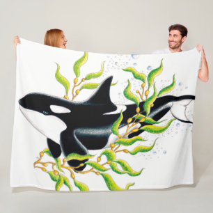 Orca val i Kelp Forest bläck art Fleecefilt