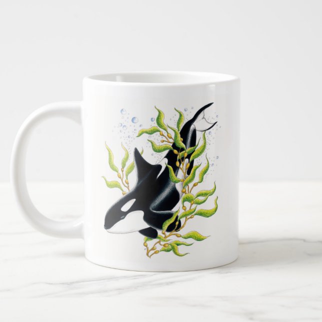 Orca val i Kelp Forest bläck art Jumbo Mugg (Vänster)