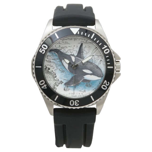Orca Whale Blue Watercolor Nautical Karta Armbandsur (Framsida)