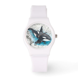 Orca Whale Blue Watercolor Nautical Karta Armbandsur