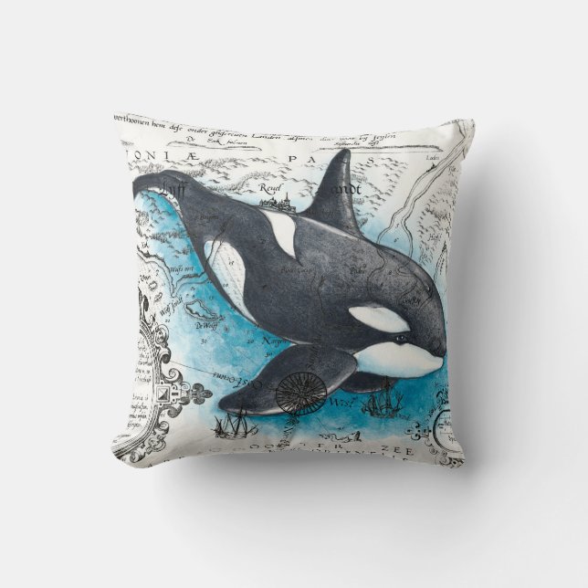 Orca Whale Blue Watercolor Nautical Karta Kudde (Framsida)