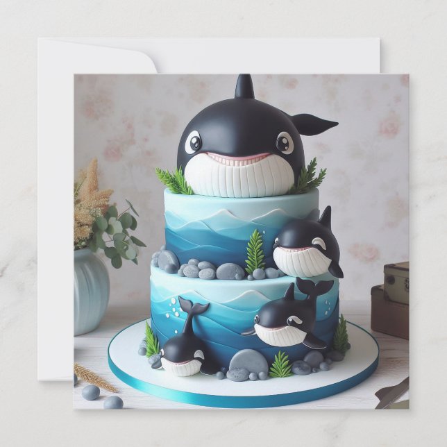 ORCA WHALE CAKE CUTE BARNS FÖDELSEDAG INBJUDNINGAR (Framsida)