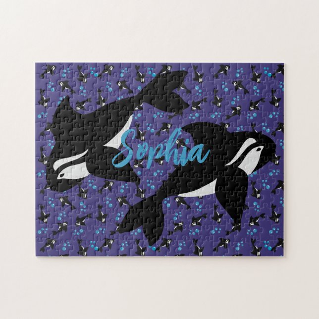 Orca Whale med Bubbles Lila Blue Background Pussel (Horisontell)