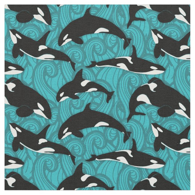 Orcas Killer Whales in Ocean Patterned Tyg (Närbild)