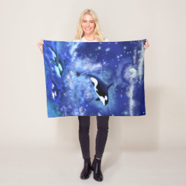 Orcas on Full Moon - Art Teckning Fleecefilt