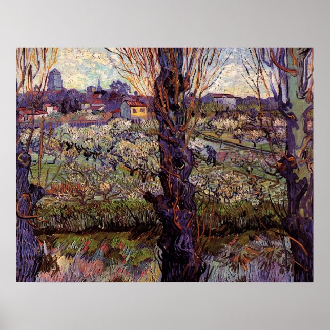 Orchard i Blommar med Arles View av van Gogh Poster (Framsidan)