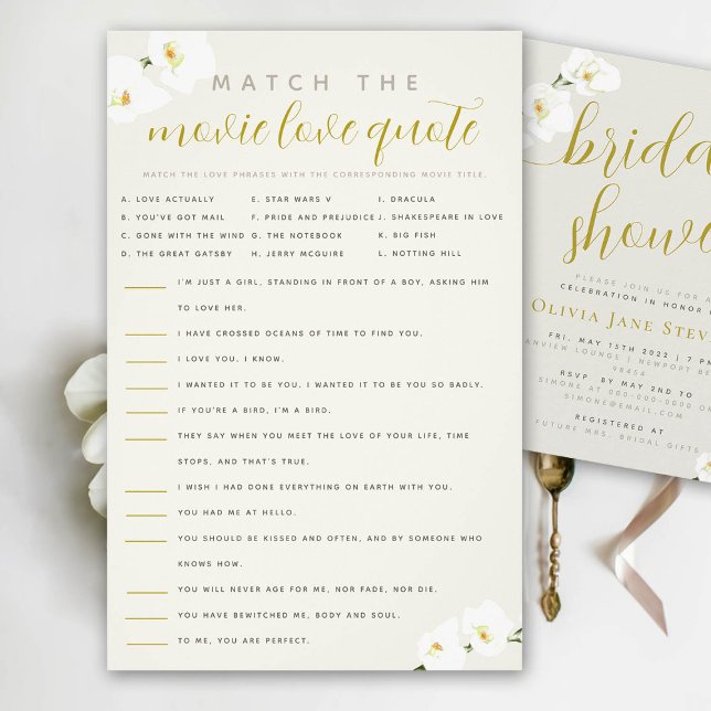 Orchds Möhippa Matcha filmcitat Flygblad (movie love quote bridal shower game orchids ecru ivory gold calligraphy)