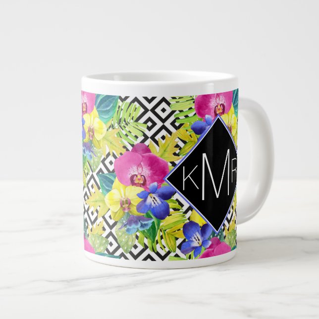 Orchid Begonia och Handflatan Löv| Monogram Jumbo Mugg (Framsida höger)