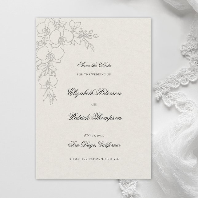 Orchid Elevated Ecru Formal Traditional Wedding Spara Datumet (orchid wedding save the date formal modern classic traditional black tie parents hosted ecru)