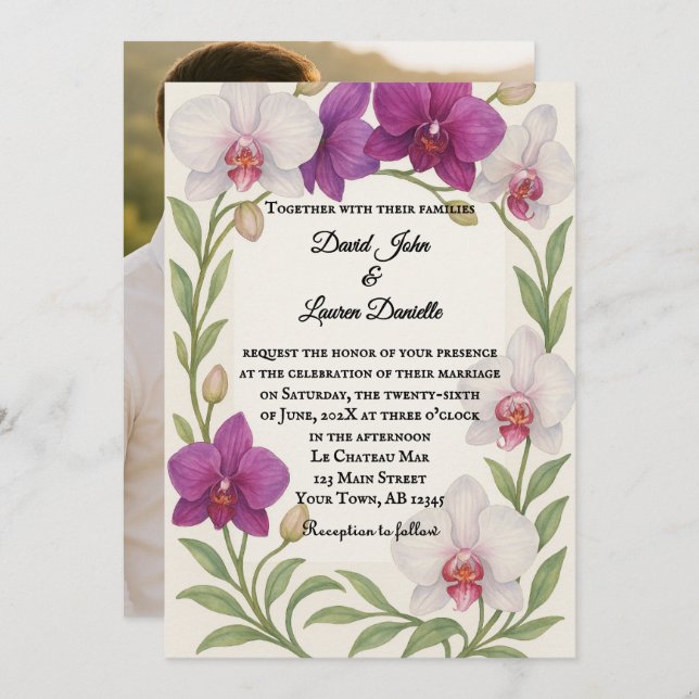 Orchid Embrace Photo Wedding Invitation Inbjudningar (Fram/baksida)