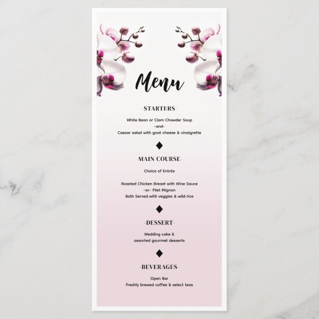 Orchid Flower Rosa & White Bröllop Menu Meny (Framsida)
