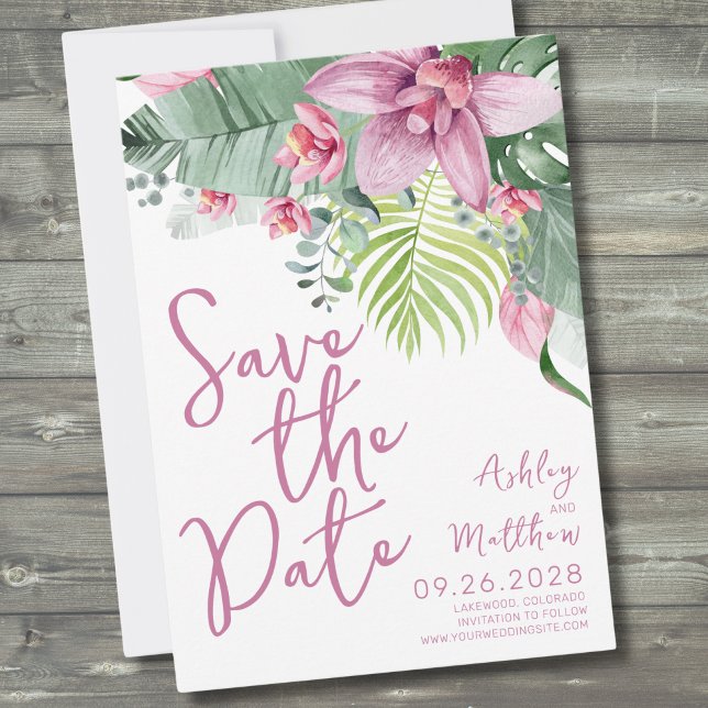 Orchid Flower Tropical Bröllop Spara Datumet (Purple Orchid Foliage Floral Tropical Wedding Save The Date)
