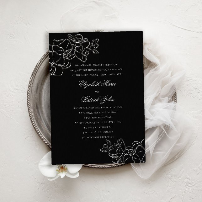 Orchid Heirloom Black White Formal Classic Bröllop Inbjudningar (orchid wedding invitation black white formal traditional parents hosting calligraphy modern classic)