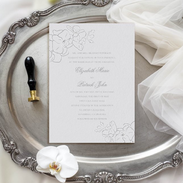 Orchid Heirloom Faux Silver Formal Classic Bröllop Inbjudningar (orchid wedding invitation formal traditional classic parents ivory faux embossed art calligraphy)