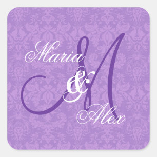 Orchid Lila Damask Wedding Monogram S530A Fyrkantigt Klistermärke