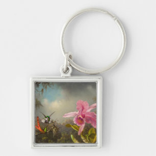 Orchid med två Hummingbird Heade Fyrkantig Silverfärgad Nyckelring