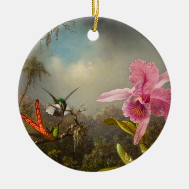 Orchid med två Hummingbird Heade Julgransprydnad Keramik (Framsidan)